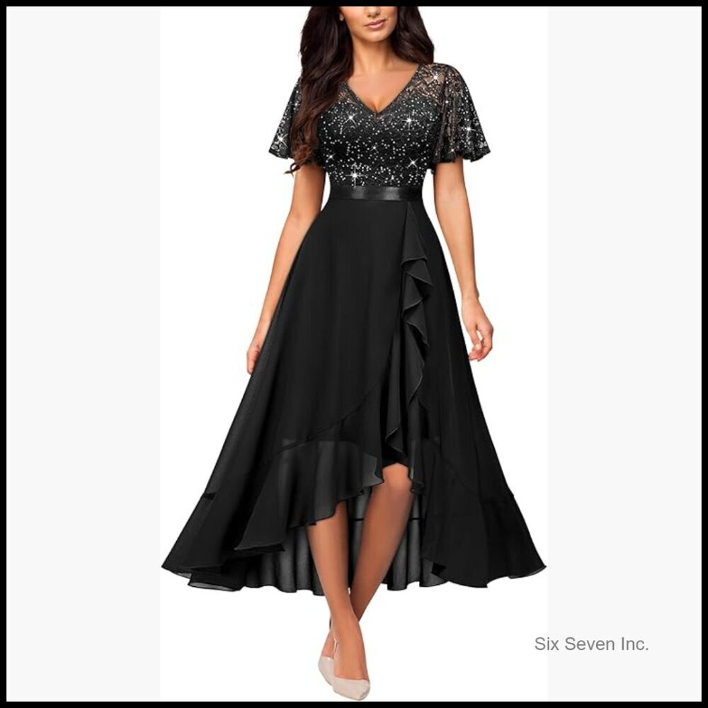 Sequined Floral Lace V-Neck Butterfly Sleeve Ruffle Split Party Dress